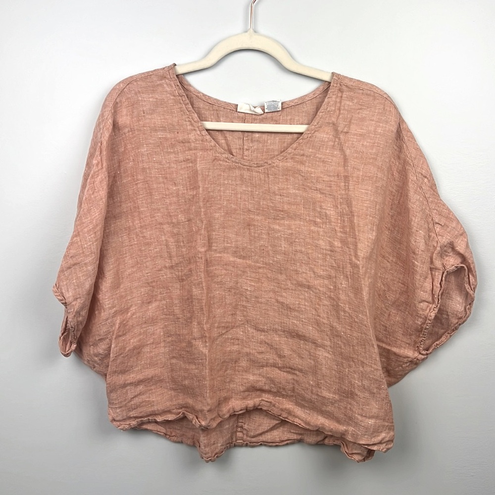 100% Linen Sigrid Olsen XL short waisted short sleeved crop top coral